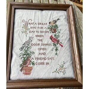 Vtg Columbia Minerva Completed Cross Stitch Friendship Sampler Birds Floral Ivy